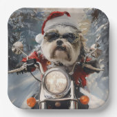 Malti Tzu Hond Rijden Motorfiets Kerstmis Papieren Bordje (Voorkant)