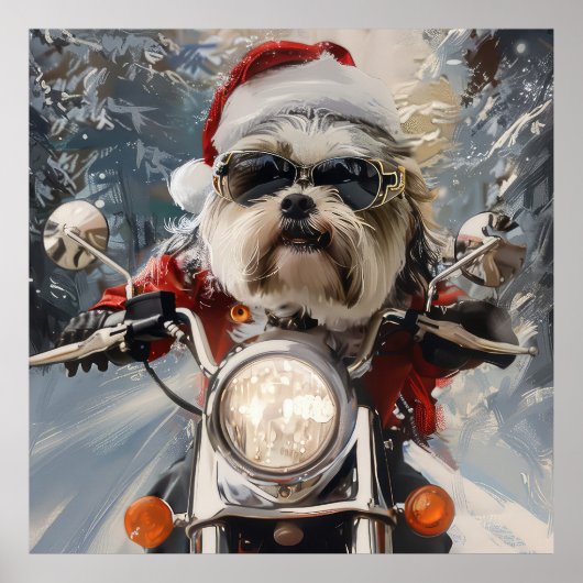 Malti Tzu Hond Rijden Motorfiets Kerstmis Poster (Voorkant)
