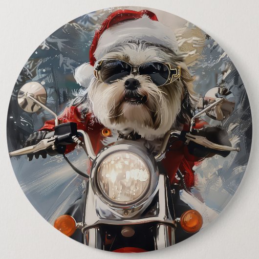 Malti Tzu Hond Rijden Motorfiets Kerstmis Ronde Button 6,0 Cm (Voorkant)