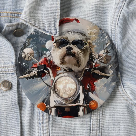 Malti Tzu Hond Rijden Motorfiets Kerstmis Ronde Button 6,0 Cm (In situ)