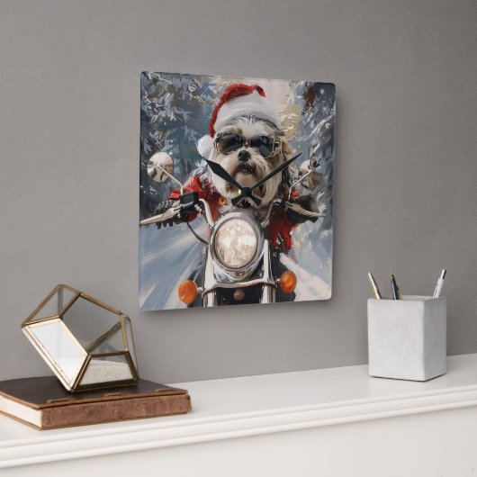 Malti Tzu Hond Rijden Motorfiets Kerstmis Vierkante Klok (Kantoor)