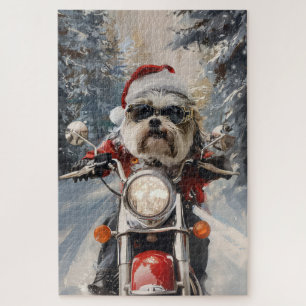 Malti Tzu-hond rijdt op motorfiets met Kerstmis Legpuzzel
