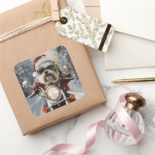 Malti Tzu-hond rijdt op motorfiets met Kerstmis Vierkante Sticker