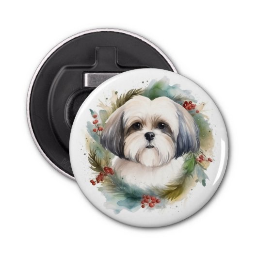 Malti Tzu Kerstkrans feestelijke pup Button Flesopener (Voorkant)