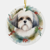 Malti Tzu Kerstkrans feestelijke pup Keramisch Ornament (Voorkant)