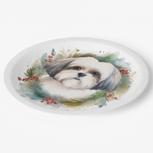 Malti Tzu Kerstkrans feestelijke pup Papieren Bordje (Gekanteld)