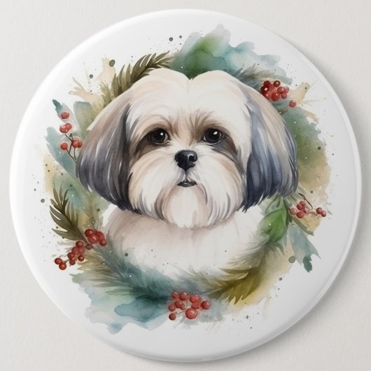 Malti Tzu Kerstkrans feestelijke pup Ronde Button 6,0 Cm (Voorkant)