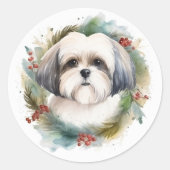 Malti Tzu Kerstkrans feestelijke pup Ronde Sticker (Voorkant)