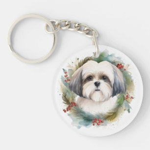 Malti Tzu Kerstkrans Festieve Pup Sleutelhanger