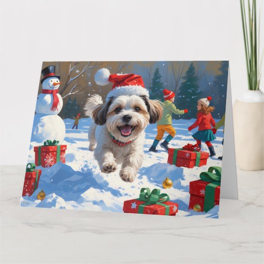 Malti Tzu loopt in de sneeuw met kerst Pet Kaart (Voorkant)
