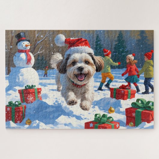 Malti Tzu loopt in de sneeuw met kerst Pet Legpuzzel (Horizontaal)