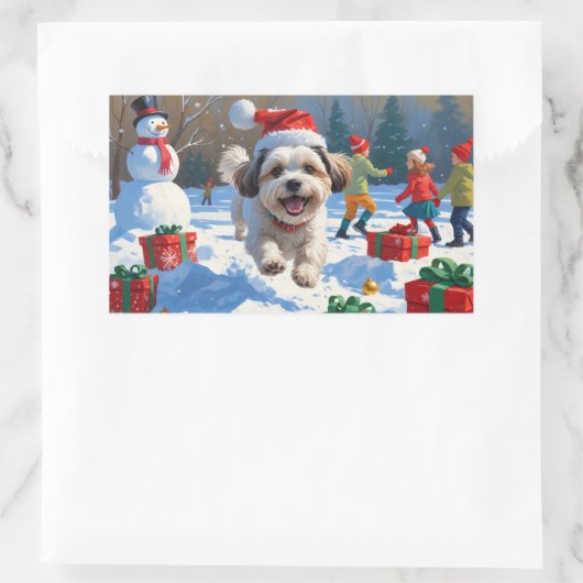 Malti Tzu loopt in de sneeuw met kerst Pet Rechthoekige Sticker (Tas)