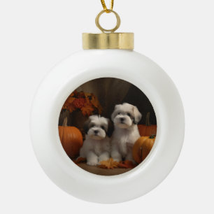 Malti tzu Puppy Herfst Plezier Pompoen Keramische Bal Ornament