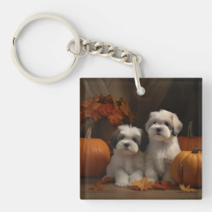 Malti tzu Puppy Herfst Plezier Pompoen Sleutelhanger