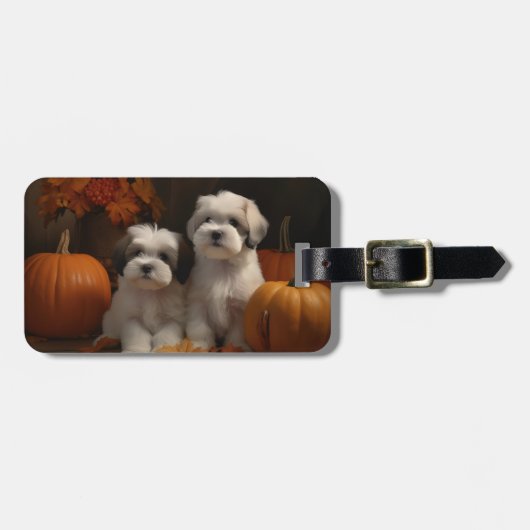 Malti tzu Puppy Herfst Verrukking Pompoen Bagagelabel (Voorkant horizontaal)