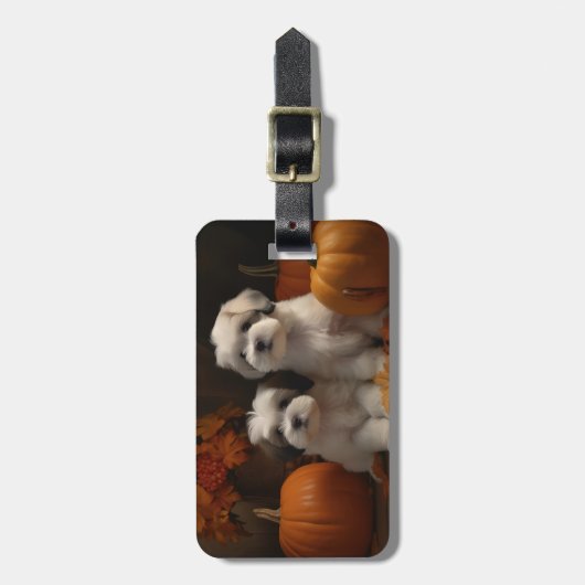 Malti tzu Puppy Herfst Verrukking Pompoen Bagagelabel (Voorkant verticaal)