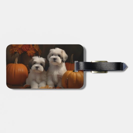 Malti tzu Puppy Herfst Verrukking Pompoen Bagagelabel (Achterkant horizontaal)