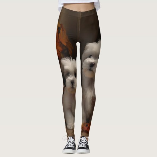 Malti tzu Puppy Herfst Verrukking Pompoen Leggings (Voorkant)
