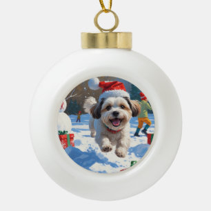 Malti Tzu rent in de sneeuw met kerstmuts Keramische Bal Ornament