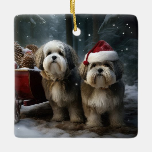 Malti tzu Sneeuw slee Kerstmis decoratie (Voorkant)