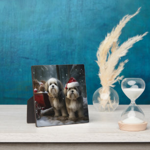 Malti tzu Sneeuw slee Kerstmis decoratie  Fotoplaat