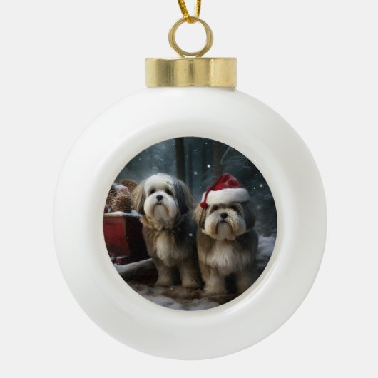 Malti tzu Sneeuwslee Kerstdecoratie Keramische Bal Ornament (Voorkant)
