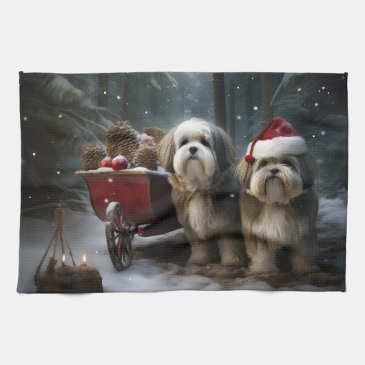 Malti tzu Sneeuwslee Kerstdecoratie Theedoek (Horizontaal)