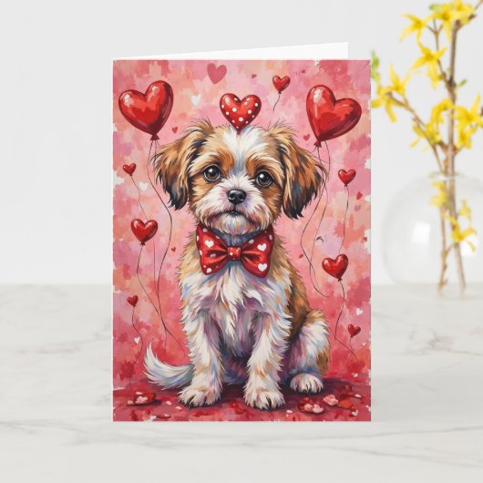 Malti Tzu Valentine Dog Sitting with Hearts Red Kaart (Gele Bloem)