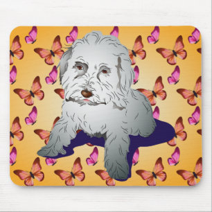 Maltipoo Cute Puppy op Butterfly Pattern Oranje Muismat