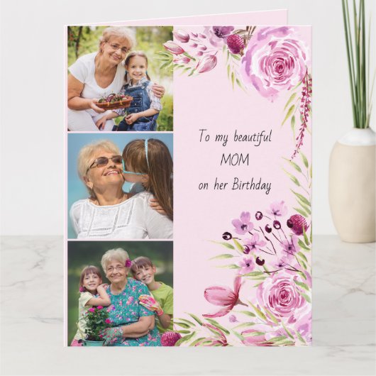 Mam 3 Foto Feminine Pink Floral Birthday Kaart (Voorkant)