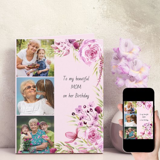Mam 3 Foto Feminine Pink Floral Birthday Kaart