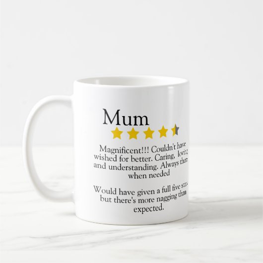 Mam, 5 sterren review, grappig, koffiemok (Links)