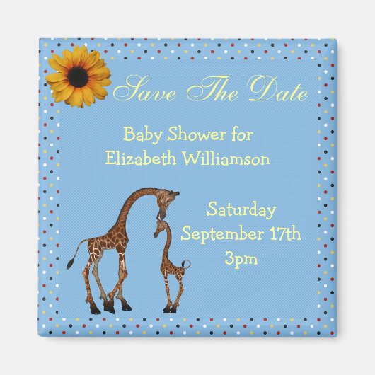 Mam & Baby Giraffe Blauw Save the Date Baby shower Magneet (Voorkant)