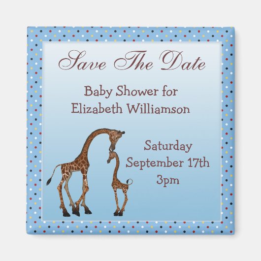 Mam & Baby Giraffe Blauw Save the Date Baby shower Magneet (Voorkant)