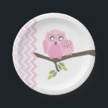 Mam   Baby Girl Owl Baby shower Papieren Bordje<br><div class="desc">Borden op papier van baby shower met een afbeelding van roze moeder en baby die op een boomtak zitten met groene bladeren.  Roze chevron-ontwerp links.</div>