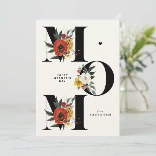 MAM Boho Flowers Zwart Happy Moederdag Feestdagenkaart (Staand voorkant)