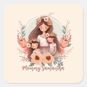 Mam en aughters met Floral Background Vierkante Sticker