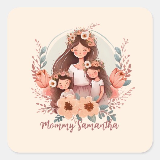 Mam en aughters met Floral Background Vierkante Sticker (Voorkant)