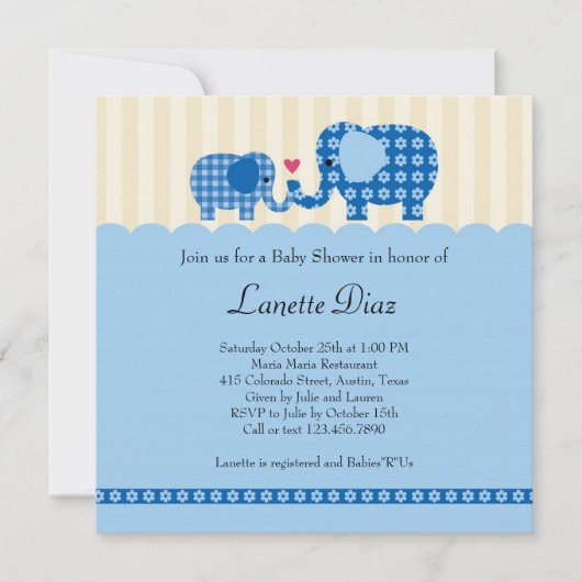 Mam en Baby Elephant Baby Boy Shower Invitation Kaart (Voorkant)