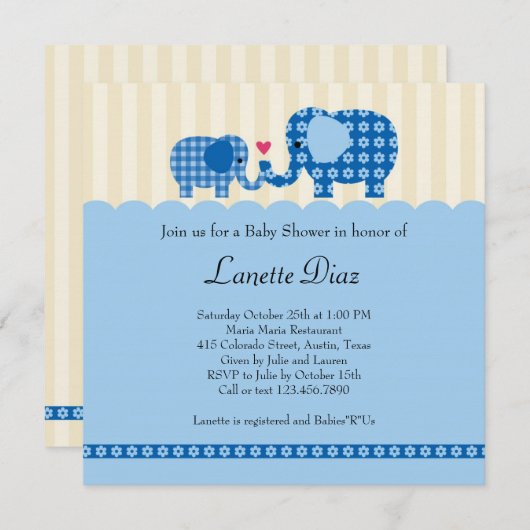 Mam en Baby Elephant Baby Boy Shower Invitation Kaart (Voorkant / Achterkant)
