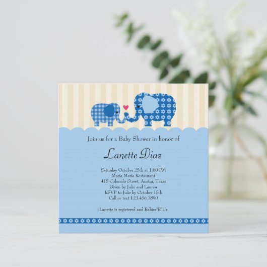 Mam en Baby Elephant Baby Boy Shower Invitation Kaart (Staand voorkant)