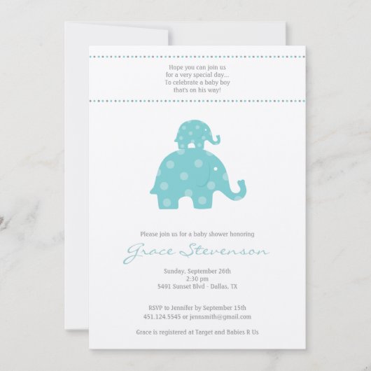 Mam en Baby Elephant Baby Boy Shower Invitation Kaart (Voorkant)