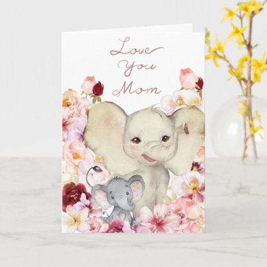 Mam en Baby Elephant Birthday Card Kaart (Gele Bloem)