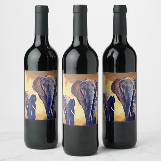 Mam en baby Elephant in de Herfst Wijn Etiket (Flessen)