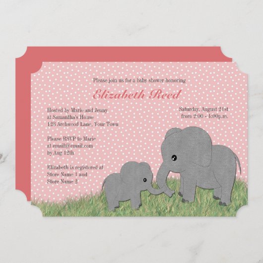 Mam en Baby Elephant Pink Baby shower Uitnodiging (Voorkant / Achterkant)