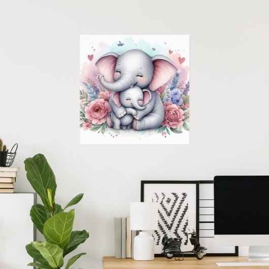 Mam en Baby Elephant Poster (Thuiskantoor)