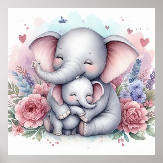 Mam en Baby Elephant Poster (Voorkant)