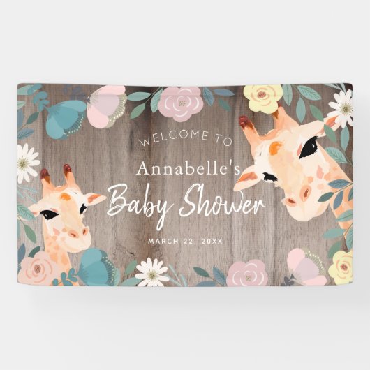 Mam en Baby Giraffe Hout Floral Baby shower Welkom Spandoek (Horizontaal)