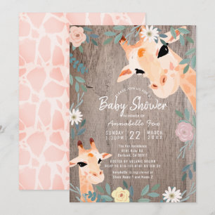 Mam en Baby Giraffe Rustic Wood Floral Baby shower Kaart