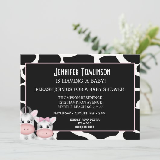 Mam en Baby Koe Druk Baby shower Uitnodiging af (Staand voorkant)